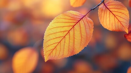 Close-up of a single, vibrant orange and yellow leaf on a branch, with blurred background of other leaves in autumn colors.