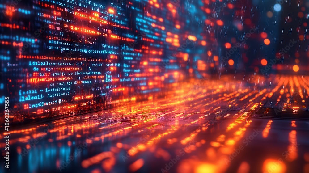 Aufkleber Vibrant Network of Binary Code in a Digital Space with Motion Blur : Generative AI