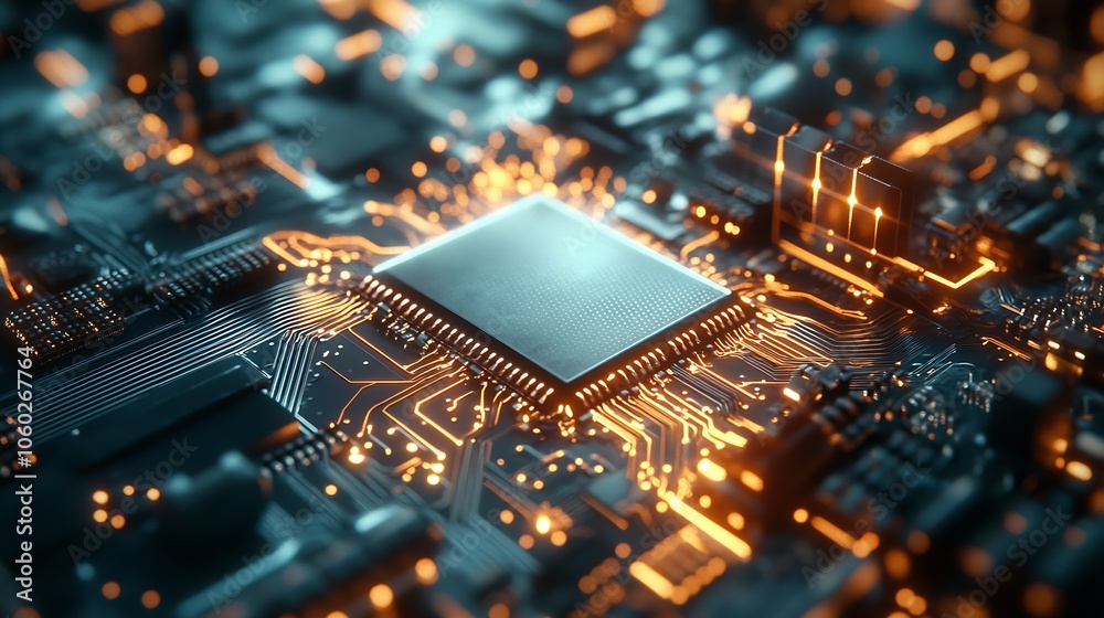 Poster Closeup View of an Advanced Microchip on an Illuminated Circuit Board : Generative AI