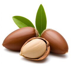 Exploring the raw beauty of argan nuts and leaves in a natural setting, highlighting their unique shapes and textures