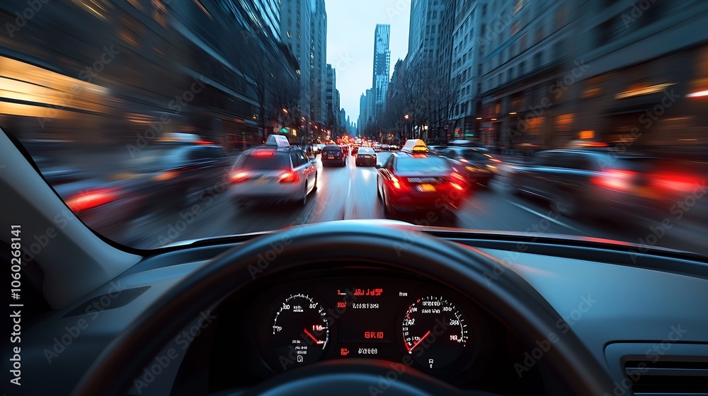 Poster speed and movement from inside a car experiencing rush hour in an urban cityscape : generative ai