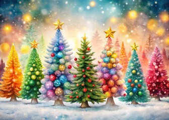 Obraz premium Vibrant Watercolor Christmas Trees - A Festive Collection of Colorful Holiday Decor for Seasonal Cheer and Joy