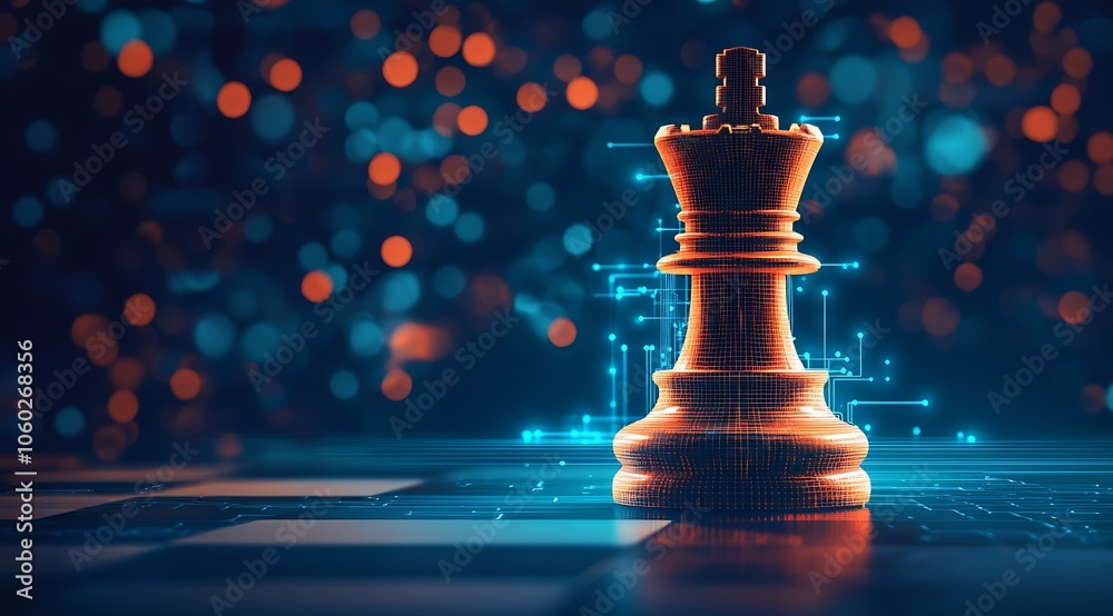 Poster Digital Chess Piece Design Featuring a Technological King with Neon Elements : Generative AI