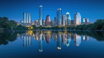 Fototapeta premium A panoramic view of the Austin skyline at dusk, with the city's skyscrapers reflected in the still waters of Lady Bird Lake.