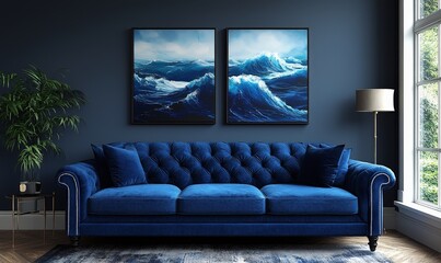A cozy living room featuring a blue sofa and ocean-themed artwork on a dark wall.