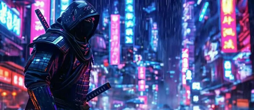 futuristic ninja samurai potrait standing in cyberpunk science fiction city at night, rain falling,