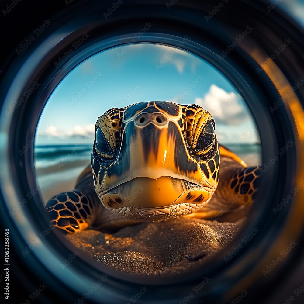 Poster Artistic Capture of Sea Turtle in Natural Habitat Viewed Through Fish-Eye Lens on Scenic Beach : Generative AI