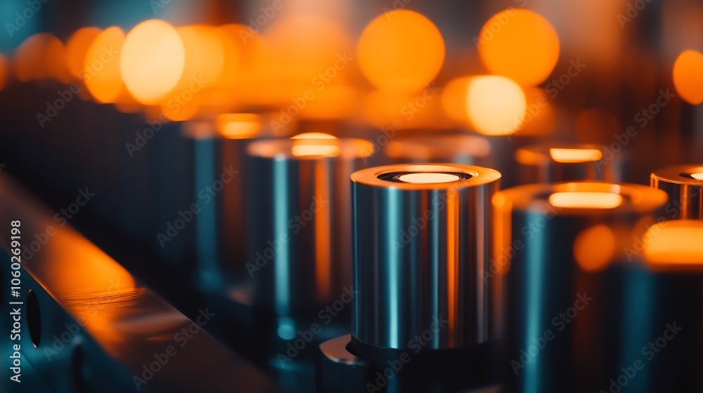 Poster close-up of industrial metallic parts illuminated with warm lighting on a factory assembly line : ge