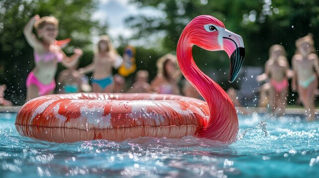 Fun and colorful scene of a pink flamingo waterbed in a swimming pool, with children splashing nearby, capturing summer joy