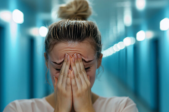 young woman wiping tears while visiting husband in prison