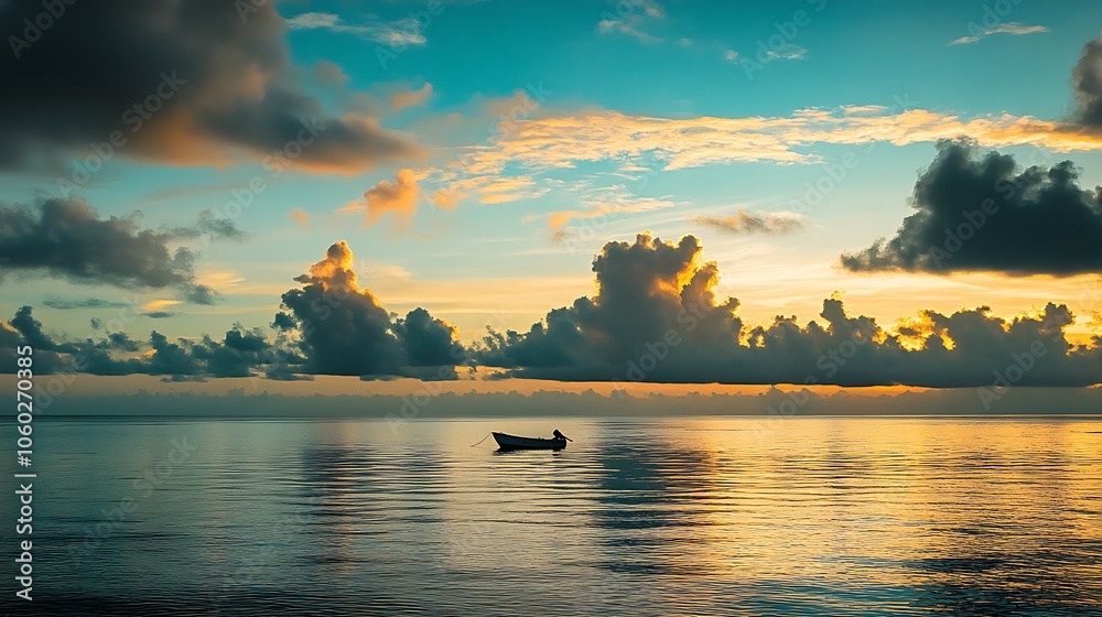 Aufkleber serene ocean view at sunset with small boat and cloudy horizons capturing peaceful evening glow : ge