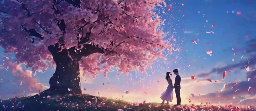 The scene of a couple letting go of their longing for each other under a beautiful cherry tree is filled with love effects.