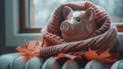 A cozy piggy bank wrapped in a scarf on a radiator amidst winter heating expenses