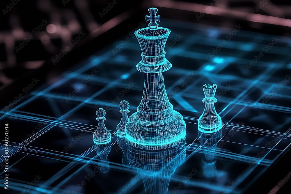 Aufkleber futuristic wireframe chess pieces on digital grid background : generative ai