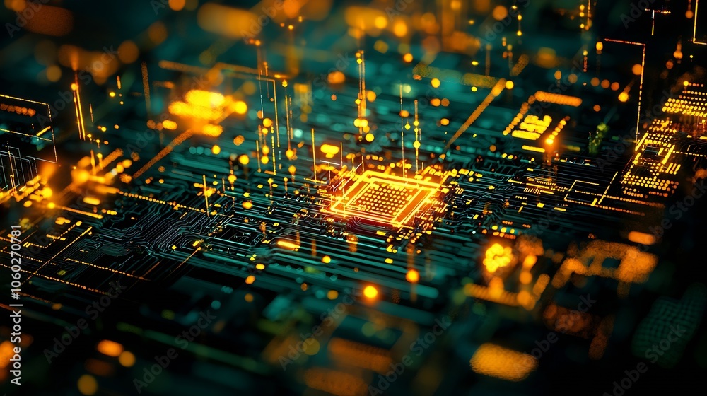 Poster Futuristic Tech Board with Luminous Central Gold Circuit Pattern : Generative AI