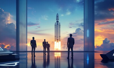 Fototapeta premium Men watch a rocket launch into sunset sky.