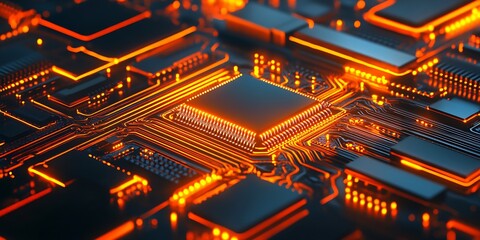 Closeup of a Modern Circuit Board with Glowing Orange Lines and Central Microchip Design : Generative AI