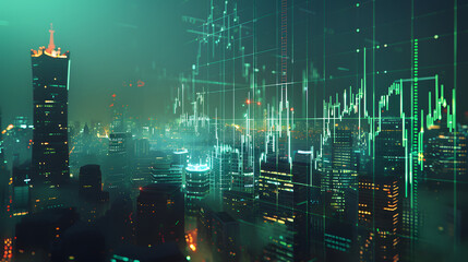 city skyline with digital stock market charts overlay, with a technological and financial concept on a dark background