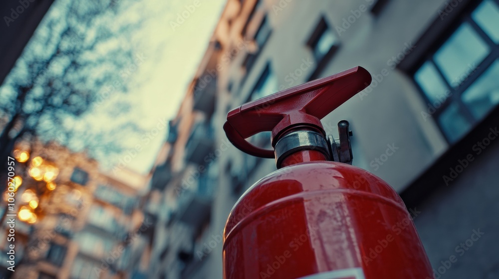 Poster the fire extinguisher is prominently displayed in focus, contrasting with the softly blurred buildin