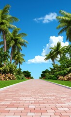 Fototapeta premium Palm Tree Lined Path To Tropical Paradise