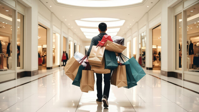 Black Friday person carrying massive load of shopping bags in mall