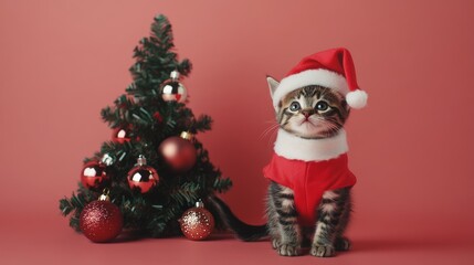 Playful kitten dressed as Santa, sitting on a bright background with a small Christmas tree and ornaments