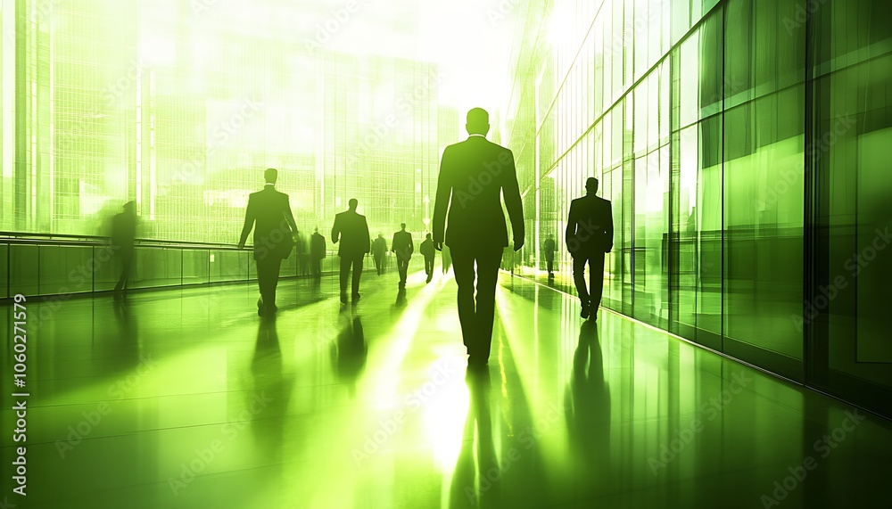 Poster business professionals walking through modern office building with green tint effect : generative ai