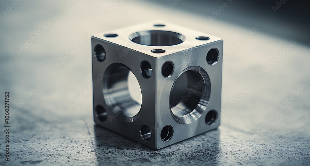 Poster precision machined metal component cube with circular designs for industrial purposes : generative a