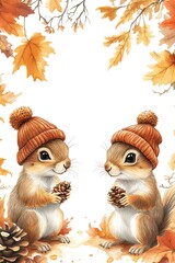Fototapeta premium Charming squirrels in cozy hats gather pine cones surrounded by autumn leaves and nature's beauty