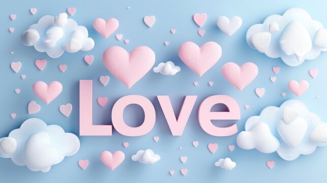 Valentines day A blue background with clouds and pink hearts. The word LOVE is written in pink letters. Concept of love and affection