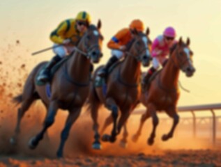 Fototapeta premium Intense horse race at full gallop. Epic lighting, horse race with blurred background 