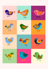 Set of cute cartoon birds and floral, flower and nature vector illustration. Colorful, baby animals theme design.