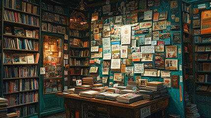 cozy local bookshop decorated with wooden furniture vintage community board with notes flyers book recommendations with shelves of colorful books for reading literature bulletin posters announcement