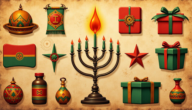 Kwanzaa symbols background, a collage of icons like the Kinara, Mazao, Kikombe cha Umoja, and Zawadi (gifts) on a textured background, representing the cultural elements of Kwanzaa