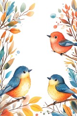 Fototapeta premium Delightful watercolor illustration of colorful birds amidst vibrant autumn leaves in a charming nature setting