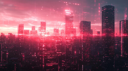 Futuristic city skyline with digital overlay, glowing red lights, and modern architecture. scene evokes sense of advanced technology and innovation