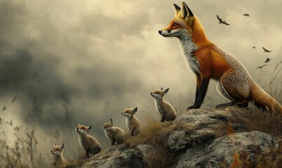 Naklejka premium Mother fox and her kits on rocky outcrop.