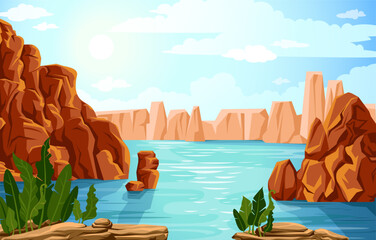 Vector cartoon illustration with azure lake, rocky mountains, green plants on stone and blue sky with clouds. Canyon landscape with water.