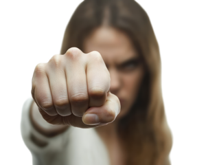 Woman is punching the air with her fist. on Isolated transparent background
