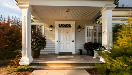 Main entrance door. White front door with porch. Exterior of georgian style home cottage hou
