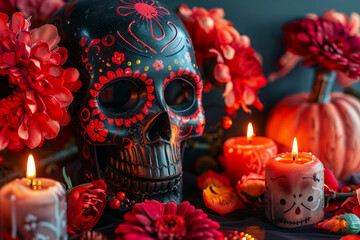 Naklejka premium Beautiful greeting card with bright holiday composition for happy to joy celebrate dia de muertos