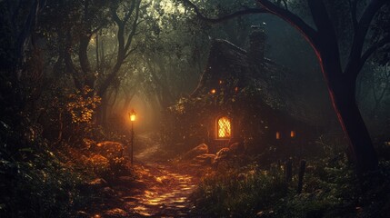 A cozy cottage with a warm glow in the windows sits nestled in a dense, misty forest, a single lantern lighting the path leading to the front door.