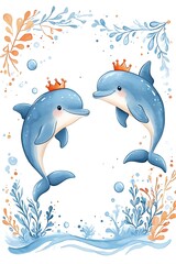 Fototapeta premium Whimsical illustration of adorable dolphins with crowns surrounded by colorful underwater flora and bubbles