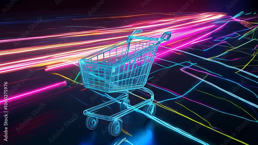 Poster A shopping cart moves through a dazzling neon-lit environment, surrounded by colorful light trails. The atmosphere is dynamic and futuristic, creating a striking visual experience.