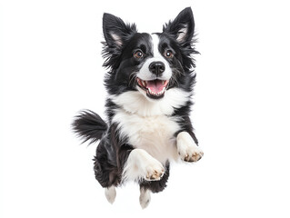Obraz premium Happy black and white dog jumping in air, showcasing its playful spirit and energy. This lively canine exudes joy and enthusiasm in bright, white background