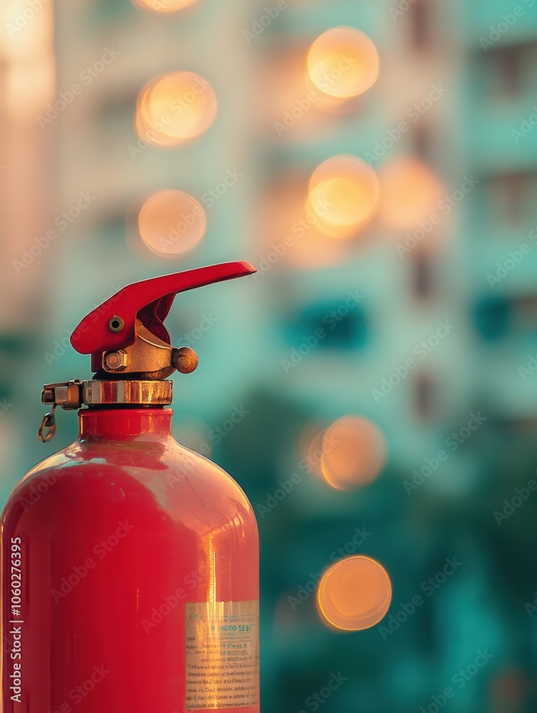Aufkleber The vivid fire extinguisher is clearly visible in the foreground, while a softly blurred building looms in the background during dusk. Generative AI