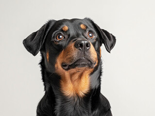 Obraz premium Rottweiler dog with expressive eyes, showcasing strong and loyal demeanor. This portrait captures breed distinctive features and charm, perfect for pet lovers