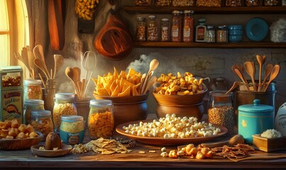 A rustic table with various snacks and wooden utensils.
