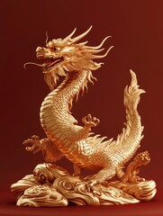 Fototapeta premium Chinese dragon figurine in gold, with intricate details. Serpentine and fierce design on red background.
