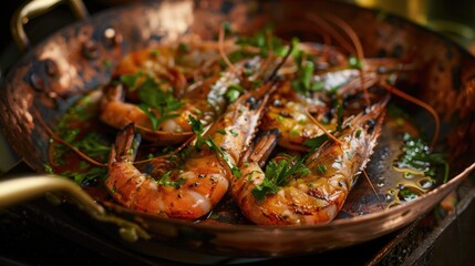 Shrimp stir fry with herbs and garlic, served in a skillet.